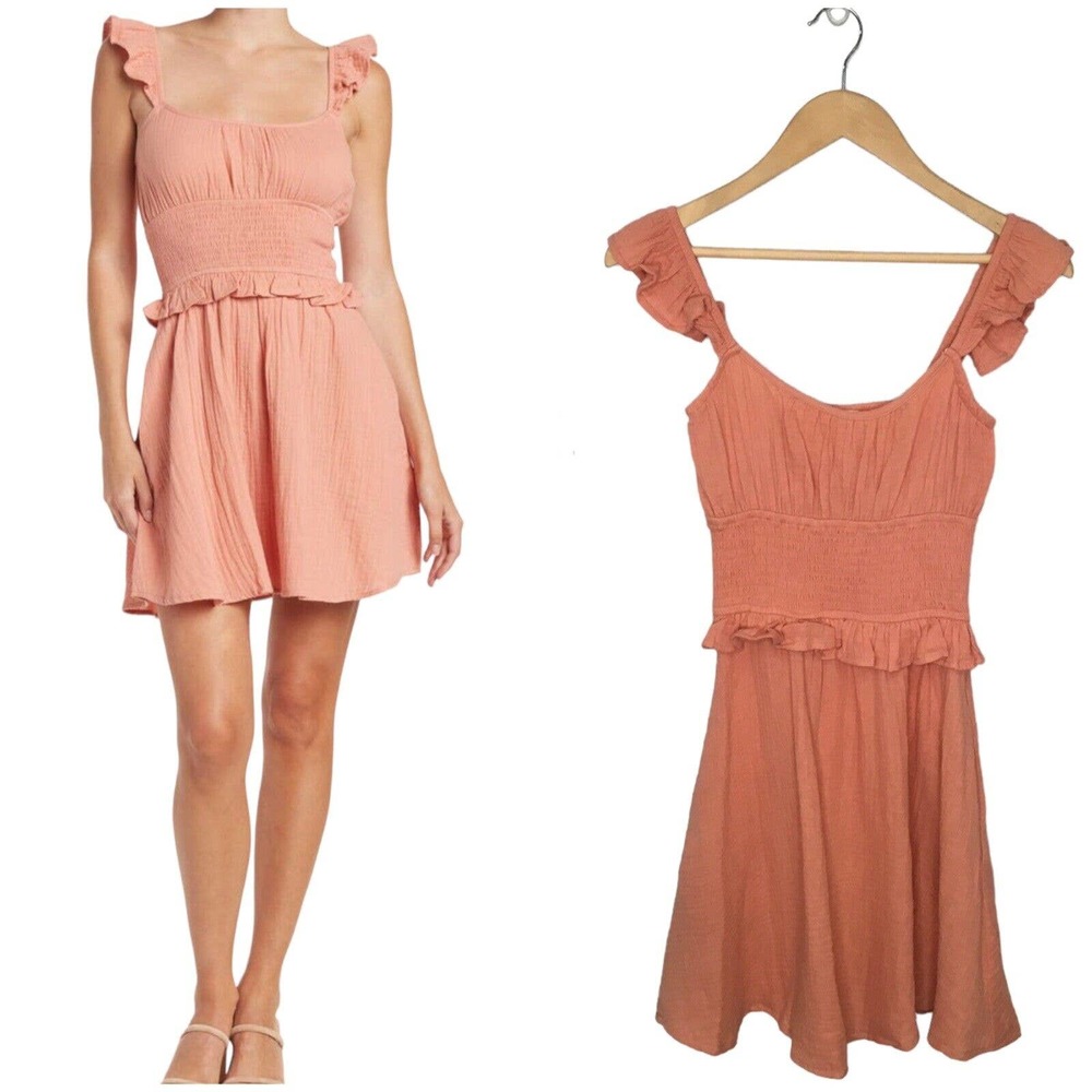 Socialite Smocked Waist Ruffle Strap Sleeveless Cotton Mini Dress Coral S